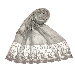 Net hijab with flower design and moti work - Light grey